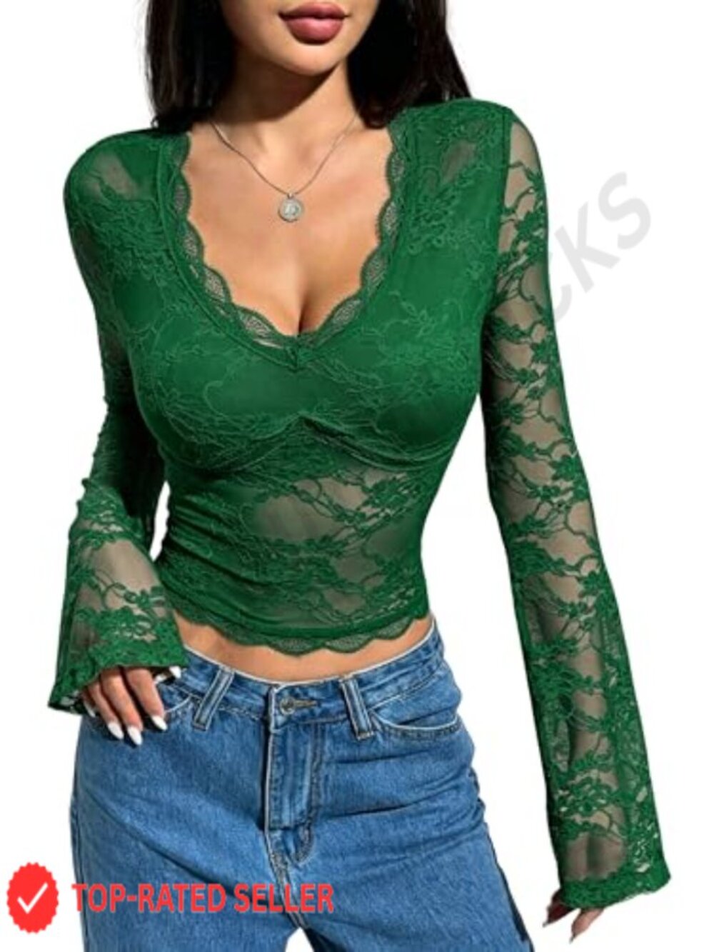 Lace Crop Top Bell Sleeve V Neck Sheer Blouse